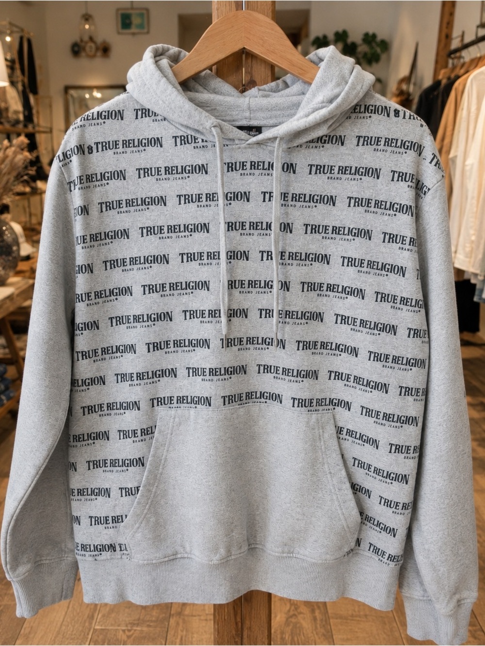 True Religion All Over Logo Gray Pullover Hoodie Men’s Medium